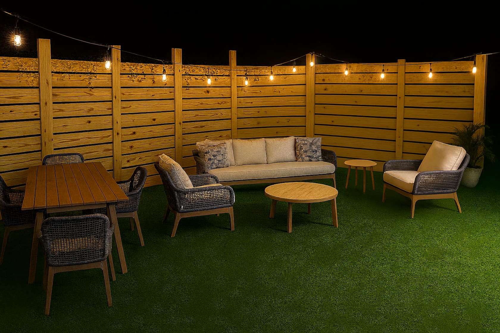 Outdoor lounge area with string lights