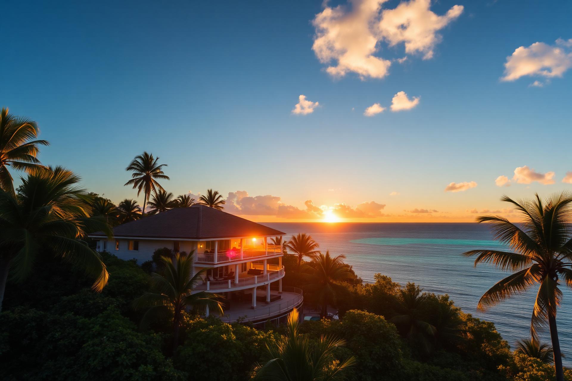 Sunset over a luxury Puerto Rico villa with palm trees and turquoise ocean